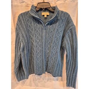 Cabelas Womens 2XL Blue Cable Knit Quarter Zip Sweater 100% Cotton Mock Neck